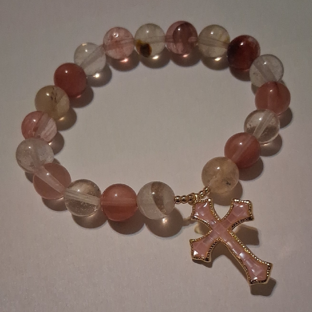 Volcano Cherry Quartz & Pink Opal Shell Cross Charm Bracelet - Women Jewelry